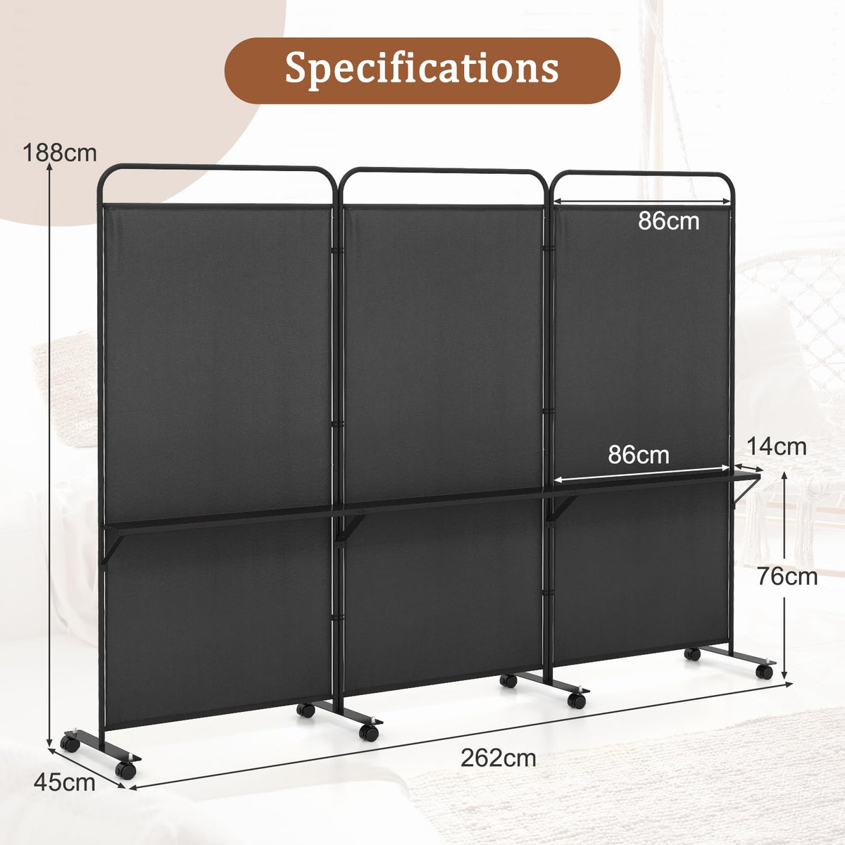 Giantex 3-Panel Folding Room Divider, 188cm Rolling Privacy Screen w/ 3 Metal Shelves, Lockable Wheels