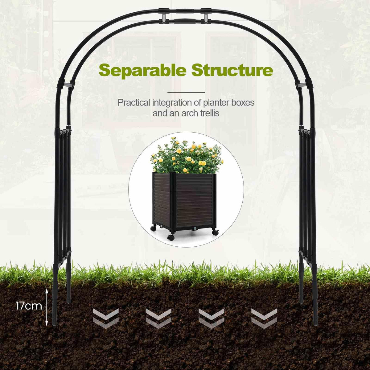 2m Arch Arbor Trellis with 2 Planter Boxes, Garden Pergola Arbor with Detachable PE-Coated Metal Tubes