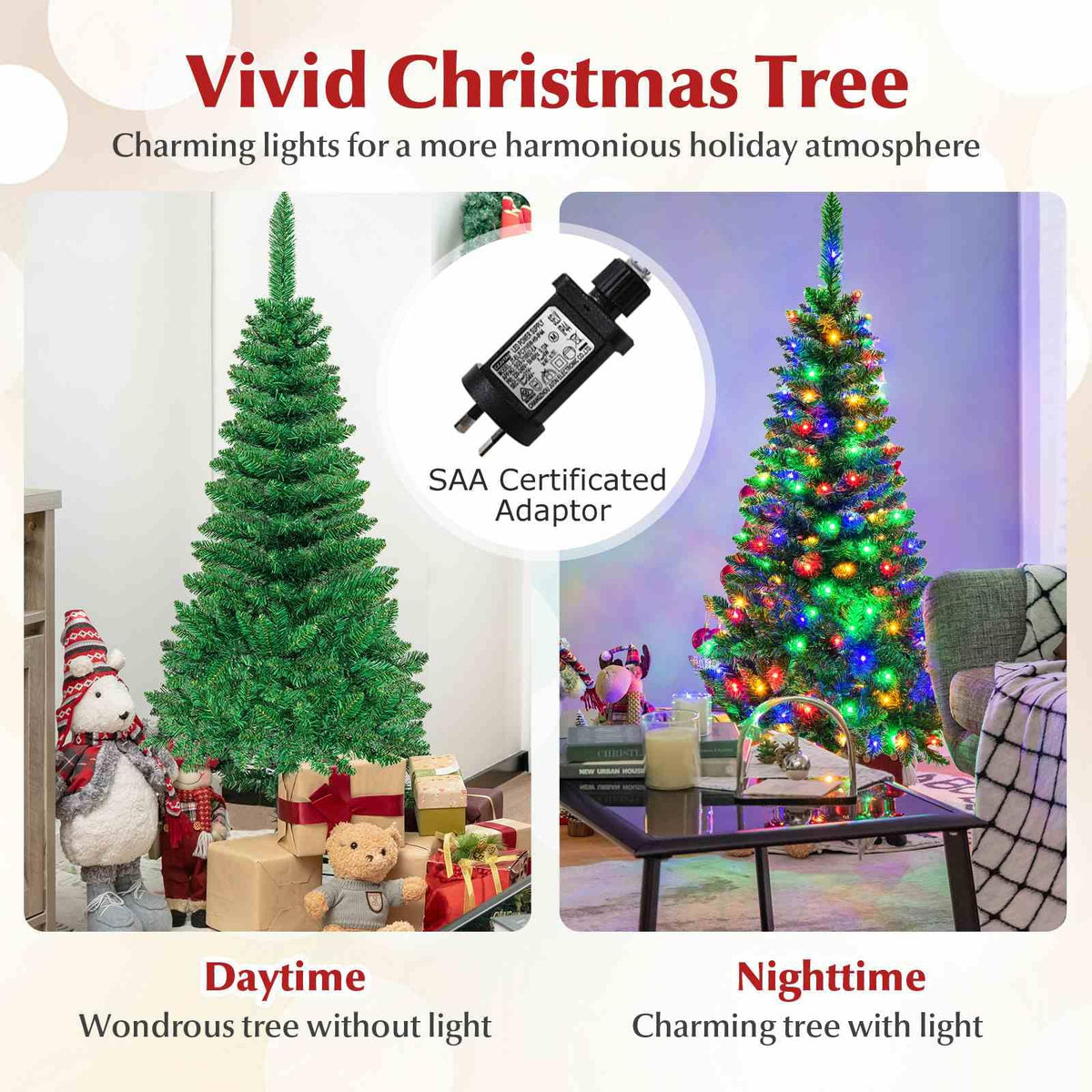 1.37 M Artificial Pencil Christmas Tree with 150 Colorful LED Lights and Foldable Metal Stand