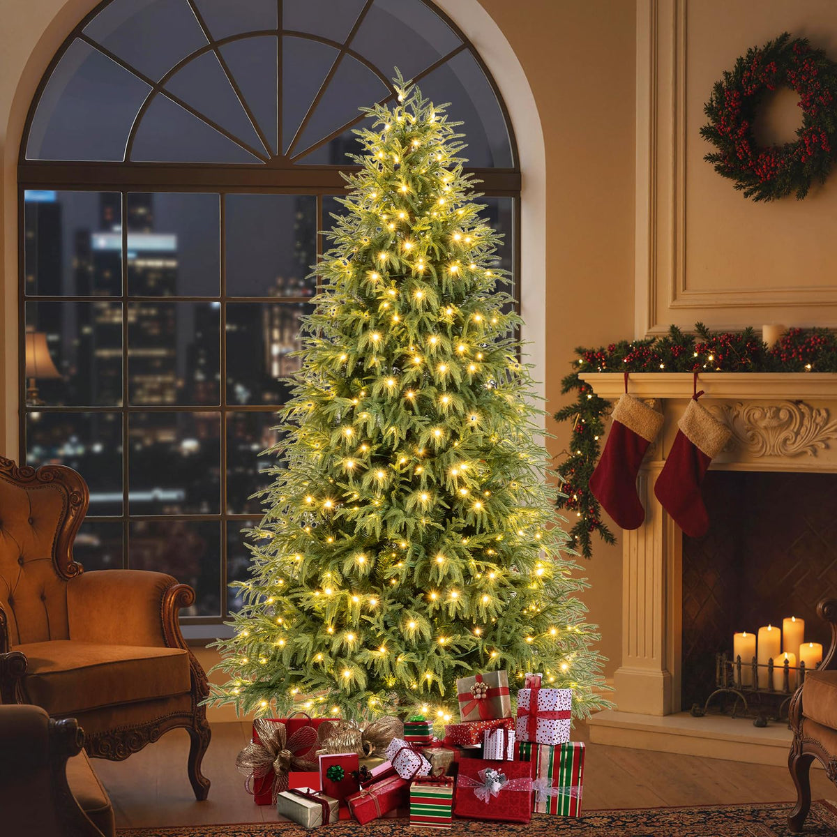 Pre-Lit Artificial Christmas Tree with 1083 Soft TPE and PVC Mixed Branch Tips