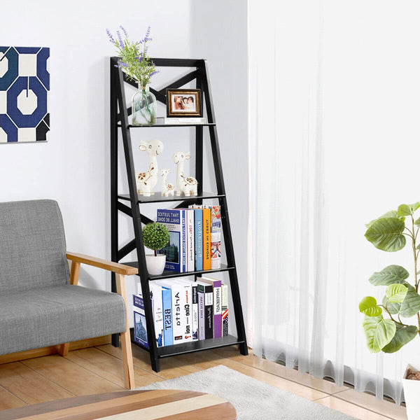 Giantex 4-Tier Ladder Shelf, Modern Corner Bookshelf, Wooden Bookcase with Cross Bar, Display Rack, Plant Flower Stand