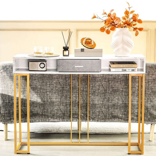 Giantex 2-Tier Faux Marble Console Table, Sofa Side Table w/Golden Steel Frame & Drawer, White
