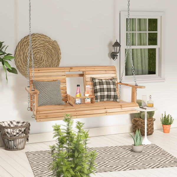 Hanging Porch Swing, 2-seat Wood Swing Bench W/Folding Cup Holder and Sturdy Metal Hanging Chains