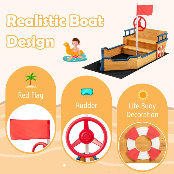 Wooden Sandbox, Large Pirate Ship Play Toy w/2-in-1 Storage Benches, Bottom Sand Protection