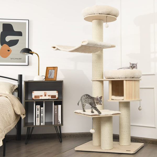 174cm Solid Wood Cat Tree, 4-Layer Cat Tower W/Sisal Scratching Posts, Cat Condo, Top Plush Perch