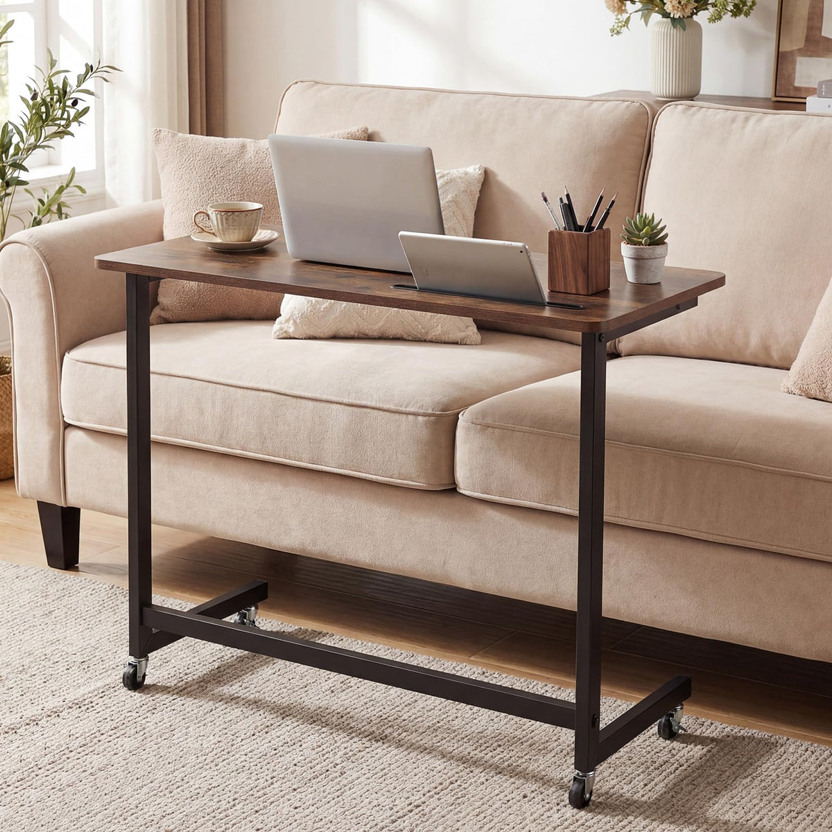 Mobile Side Table Rolling Laptop Desk Cart with Tablet Slot Over Bed Table with Wheels