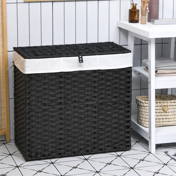 Giantex Laundry Hamper with Lid and Wheels, 125L 3 Sections Clothes Hamper with 2 Removable and Washable Liner Bags, Black