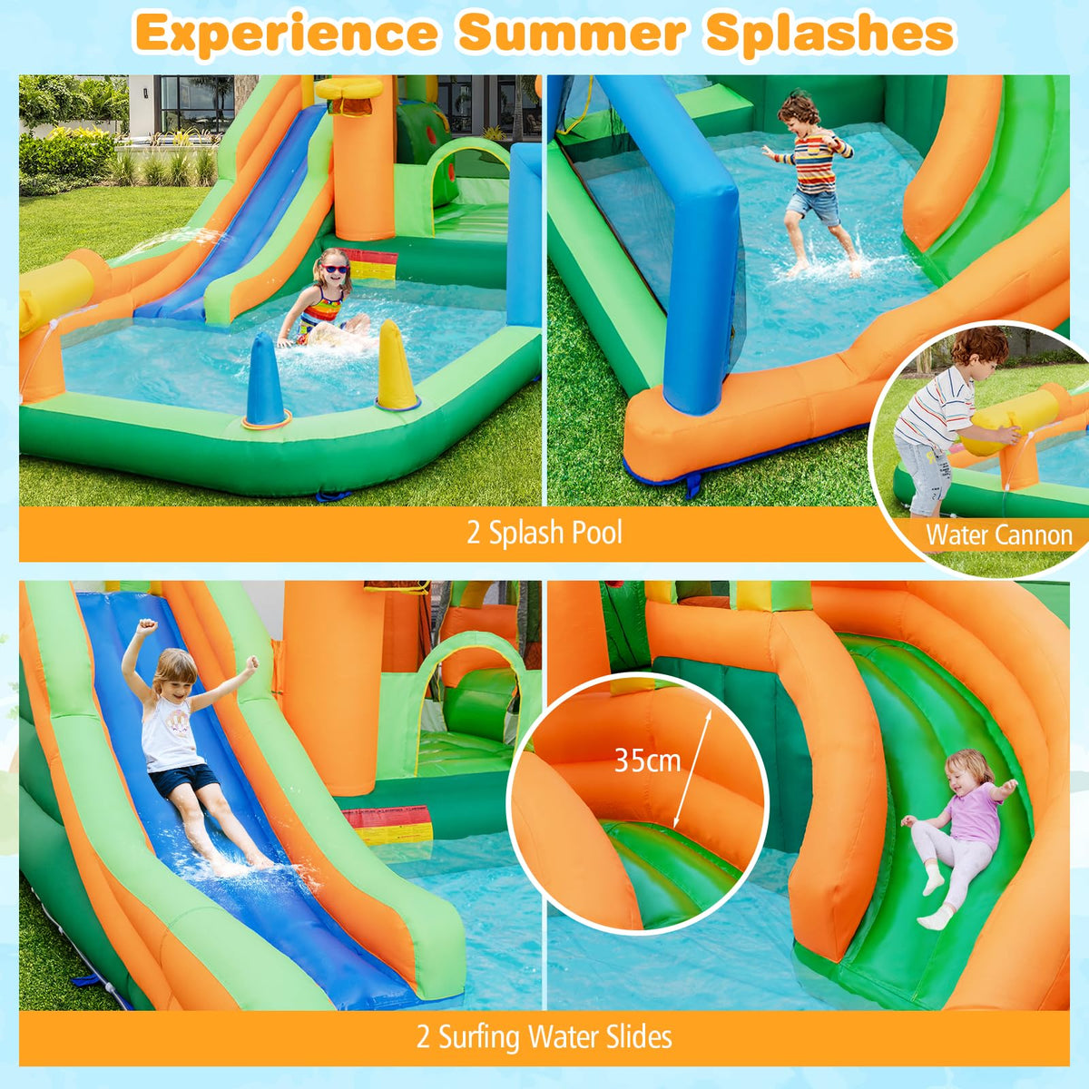 Inflatable Water Slide, Kids Water Park w/Long Slides, Splash Pools, Climbing Wall, Water Gun