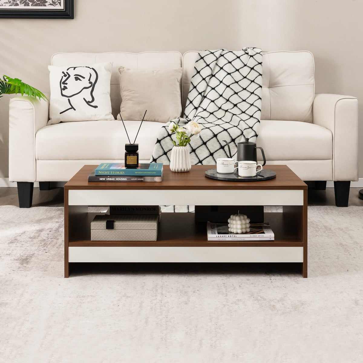 Giantex 94.5 cm Coffee Table, Two-Tier Coffee Table with Storage Shelf
