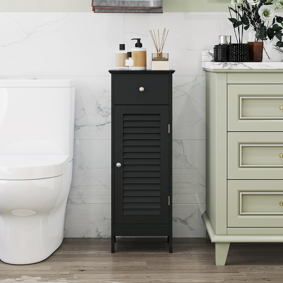 Small Bathroom Storage Cabinet with Adjustable Shelf and Drawer