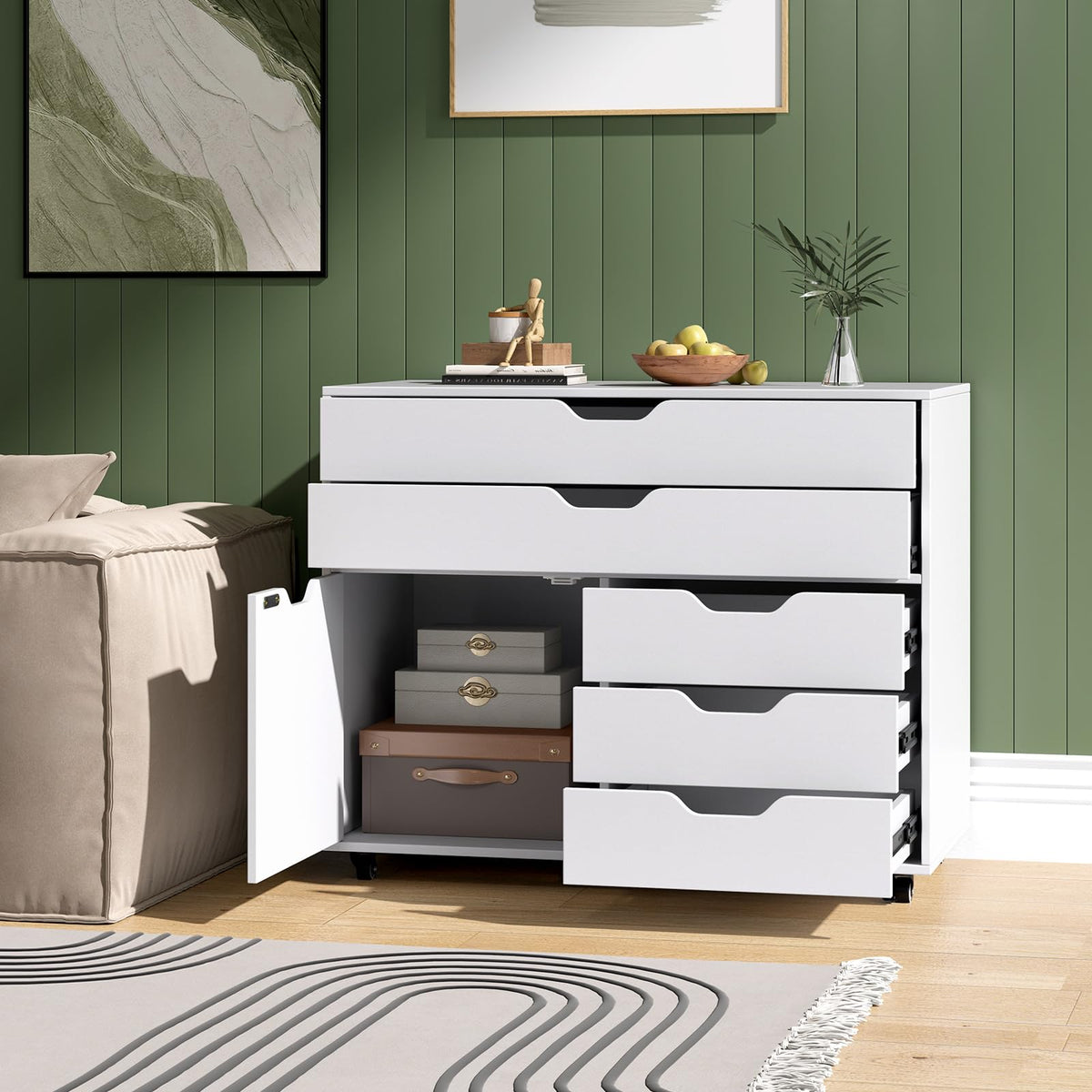 Giantex 5-Drawer Chest with Door, Mobile Chest of Drawers with 5 Casters