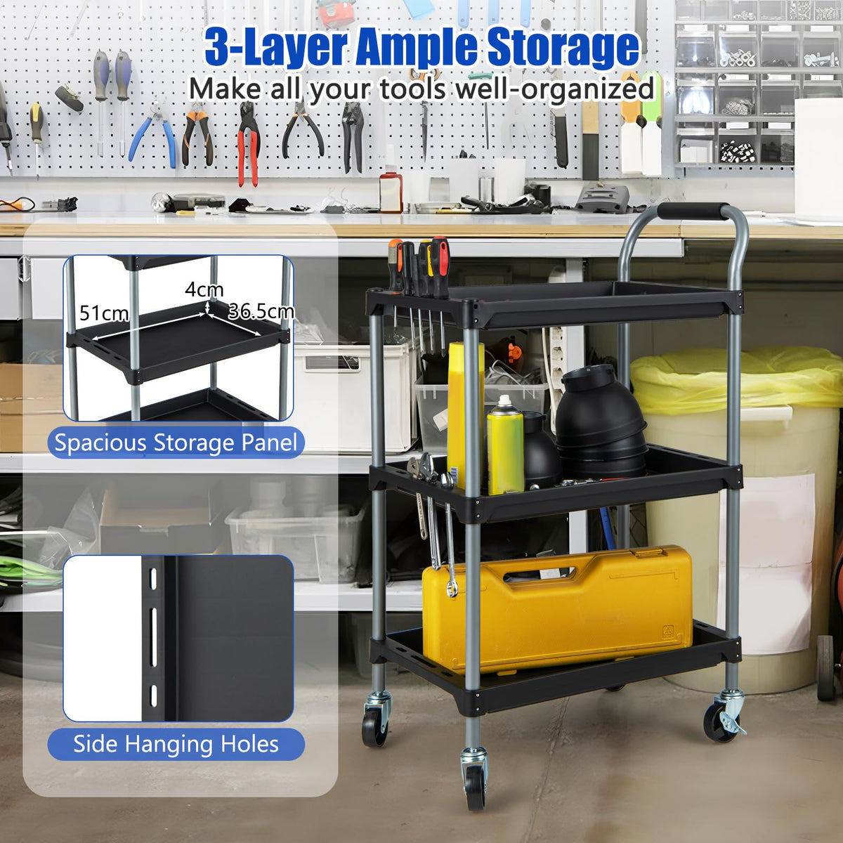 3 Layer Tool Cart, Large Capacity Utility Cart