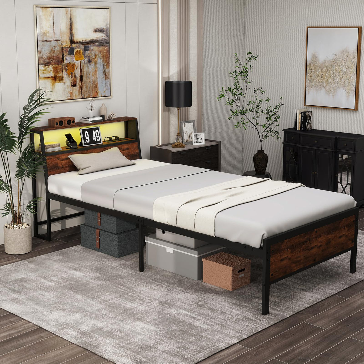 Single Size LED Bed Frame with Charging Station