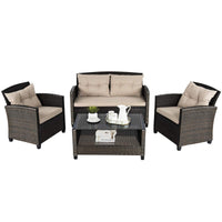 4 Pieces Outdoor Rattan Furniture Set, Patio Wicker Conversation Sofa w/Chairs, Tempered Glass Coffee Table & Soft Cushions