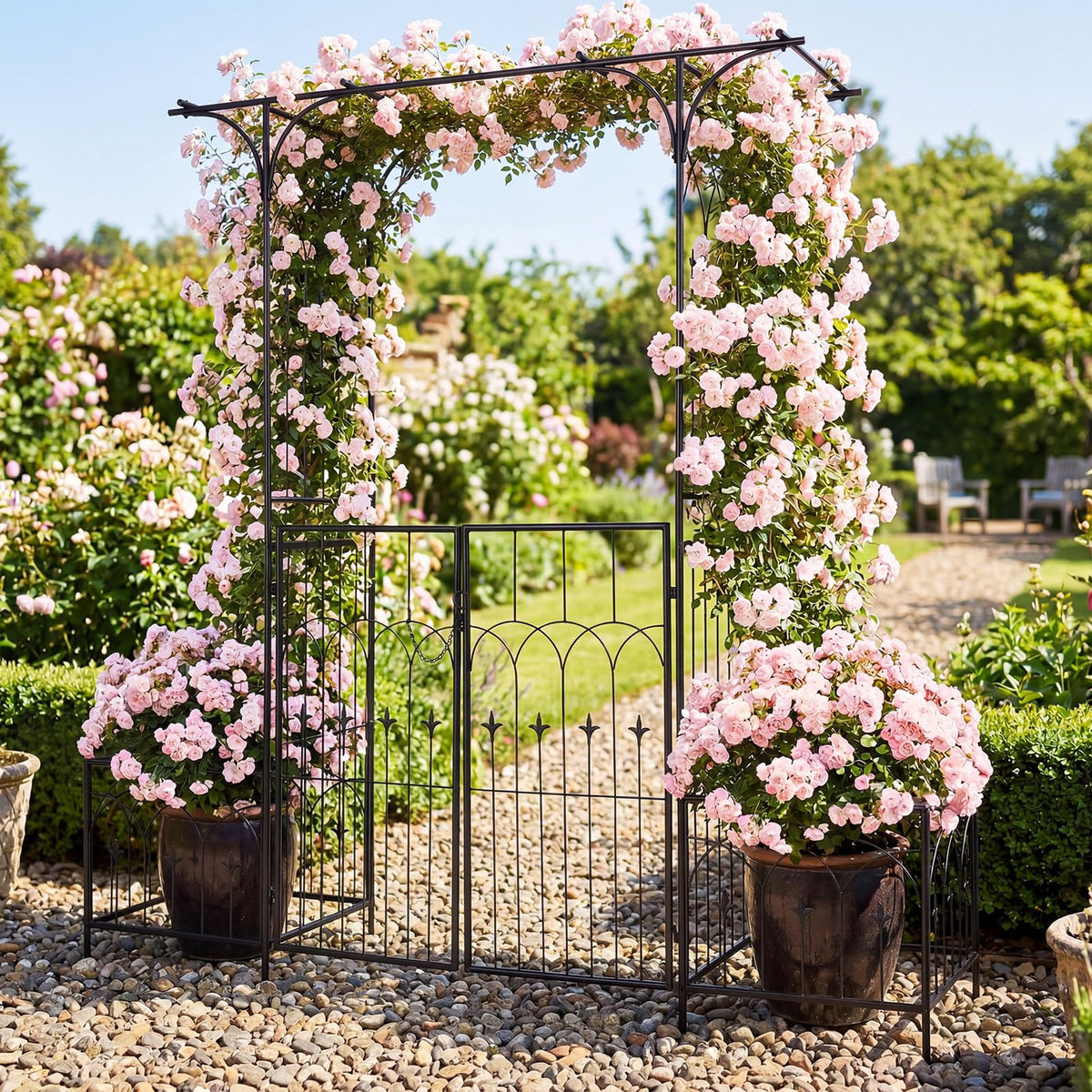 Garden Arch Trellis with Gate and Planter Boxes, 206cm Heavy Duty Metal Arbor