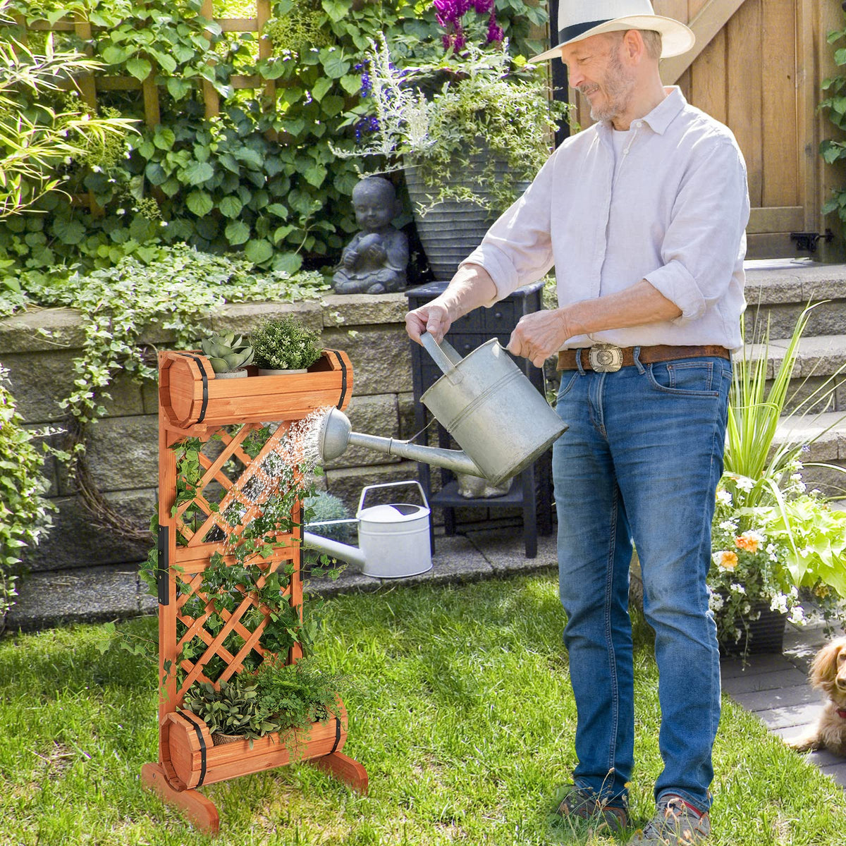 Giantex Raised Garden Bed with 2 Cylindrical Planter Boxes & Trellis