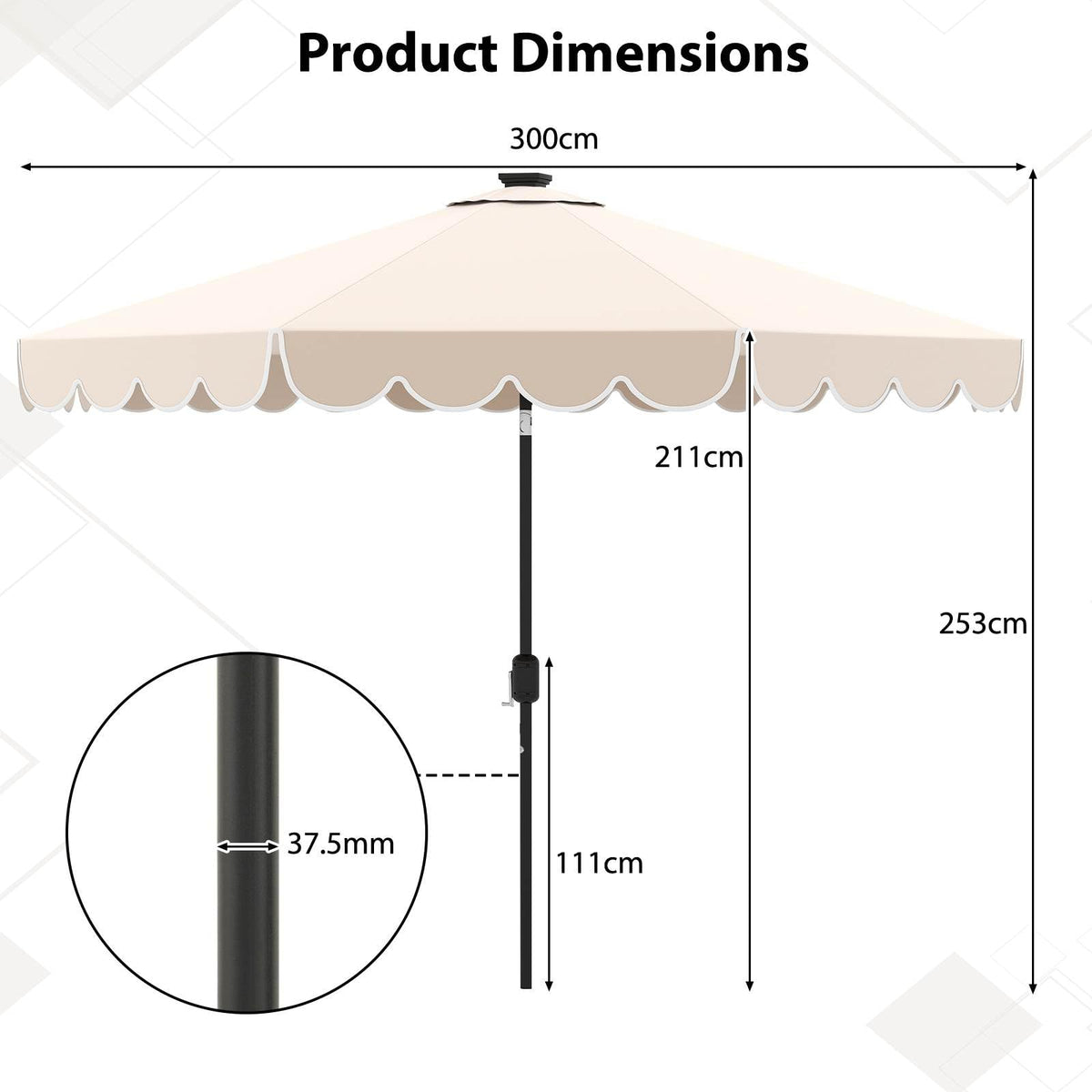 3m Solar Patio Umbrella with 24 LED Lights Vented Top and Ruffles