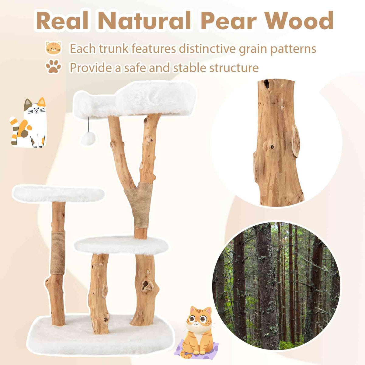 Solid Wood Cat Tree, Modern Wooden Cat Tower w/Perch