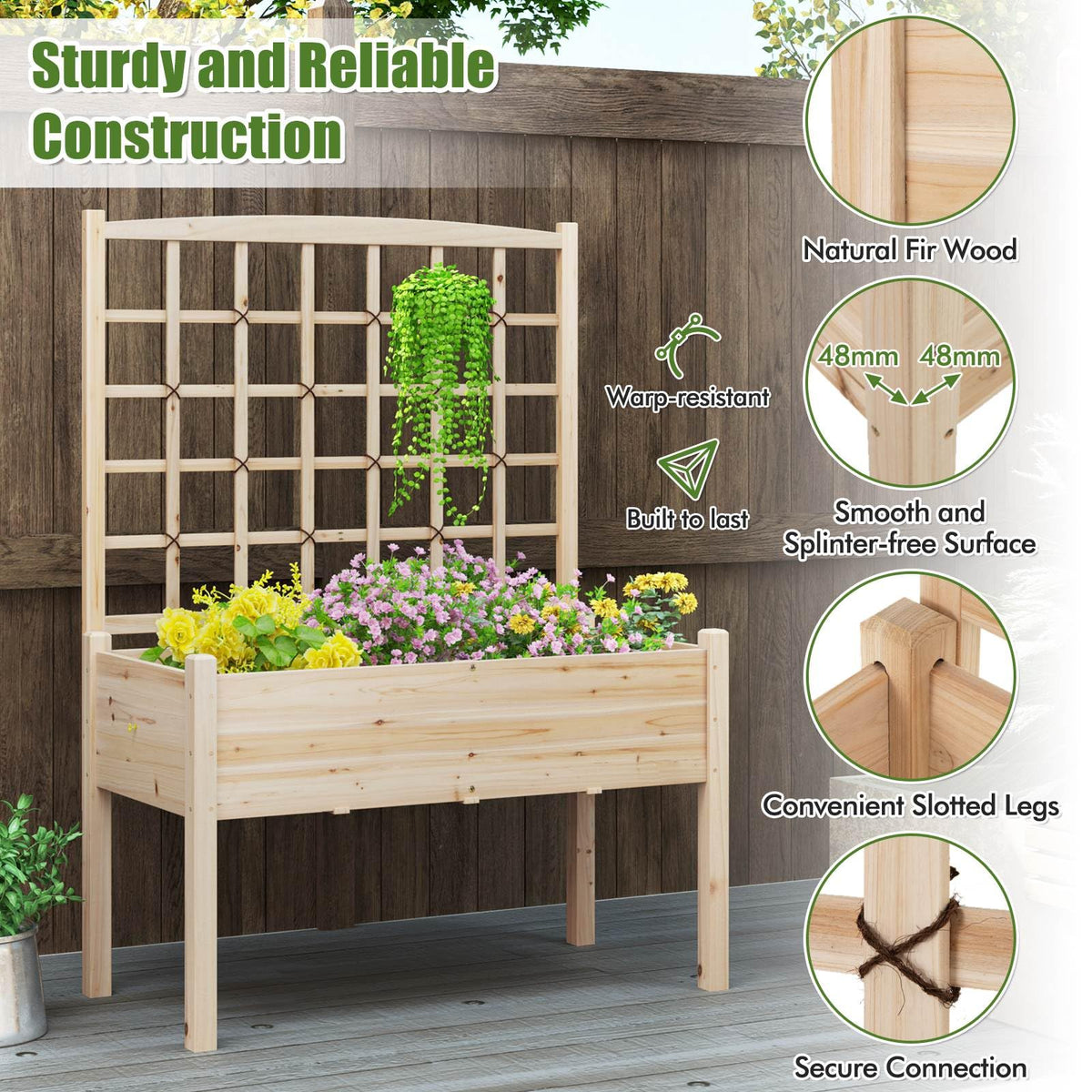 Raised Garden Bed with Lattice Trellis and Drainage Holes