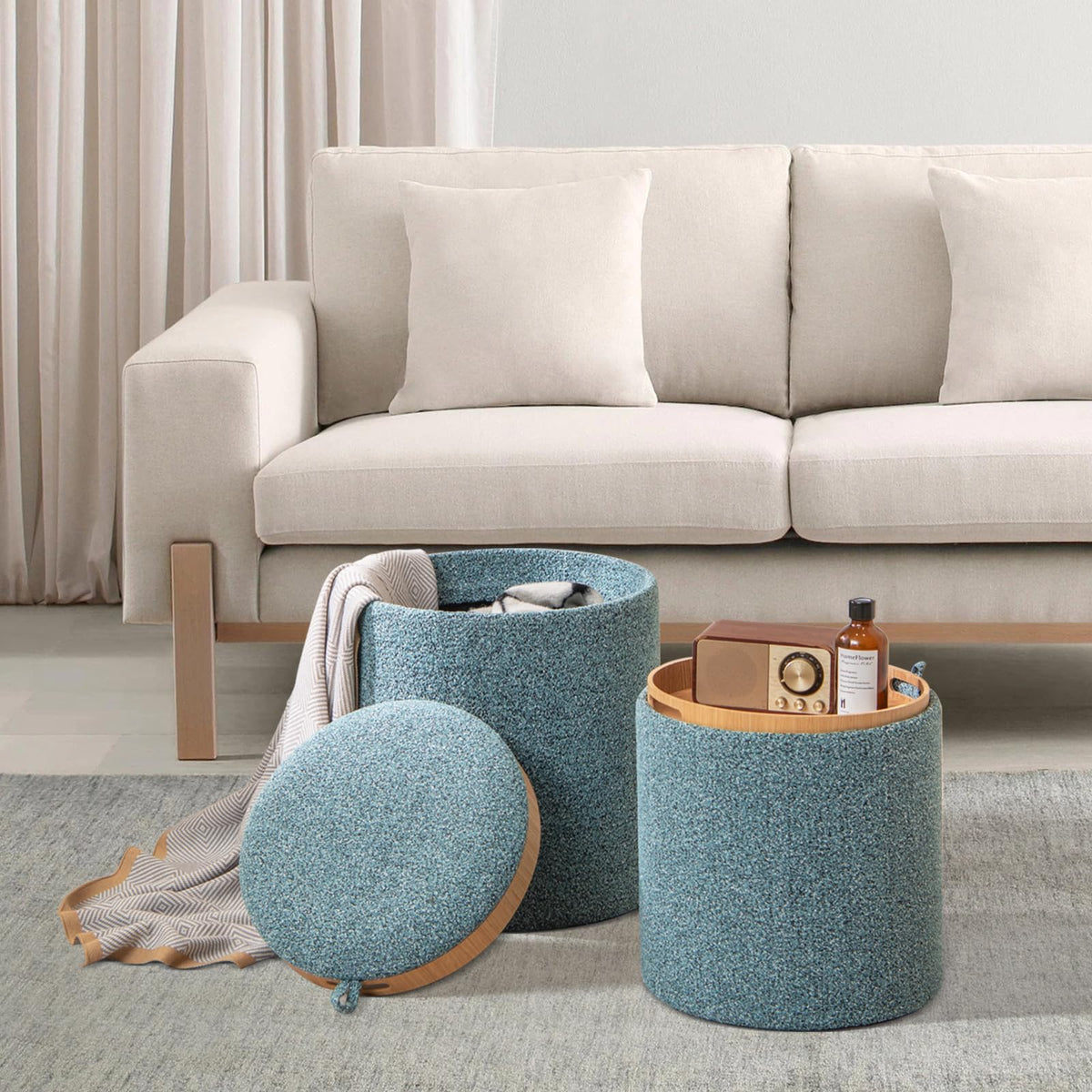 Giantex Round Ottoman Set of 2, Upholstered Storage Ottoman