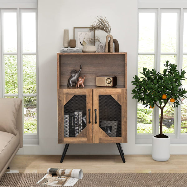 Wine Bar Cabinet for Liquor, Industrial Buffet Sideboard w/Removable Wine Rack & Built-in Glass Holder , Rustic Brown