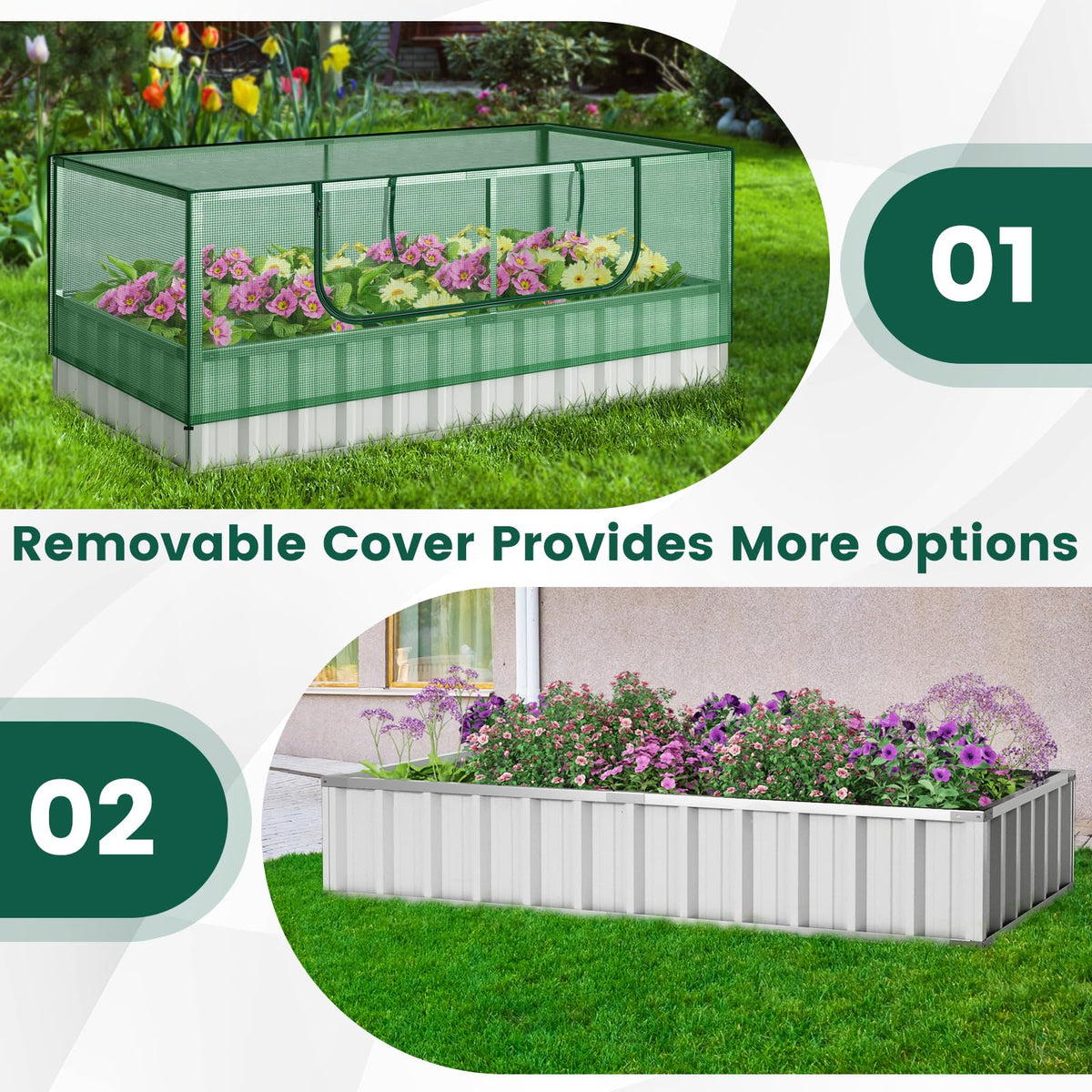 Galvanized Raised Garden Bed w/Mini Greenhouse Cover, Raised Metal Flower Bed w/Large Roll-up Window