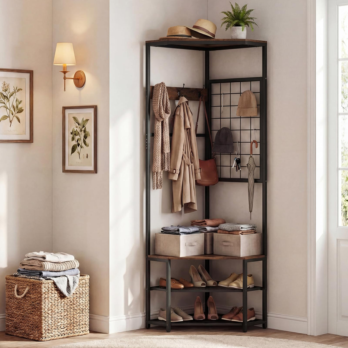 Freestanding Coat Rack with Storage Shelves and Shoe Racks