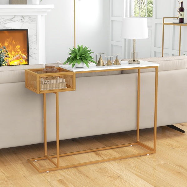 Giantex Console Table w/Storage, White Faux Marble Sofa Table w/Gold Metal Frame