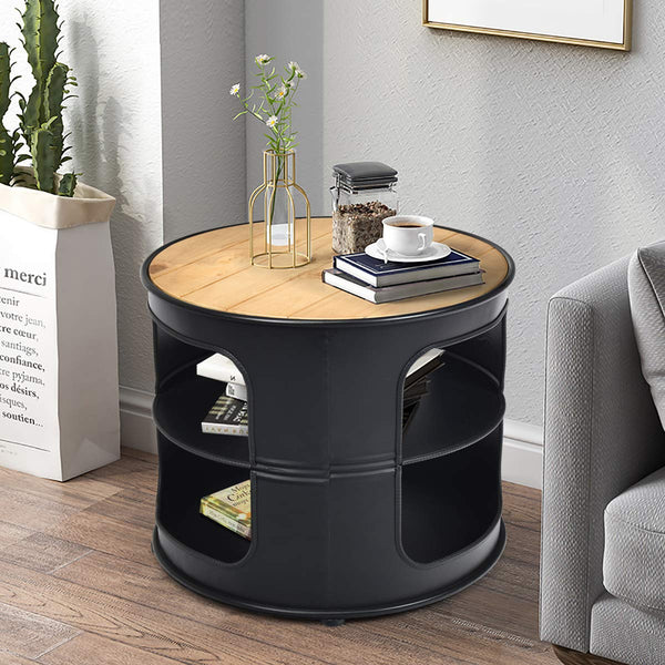 End Side Table, 3-Tier Round Coffee Table with 2 Storage Shelves, Nightstand Unit Desk Bedside Table