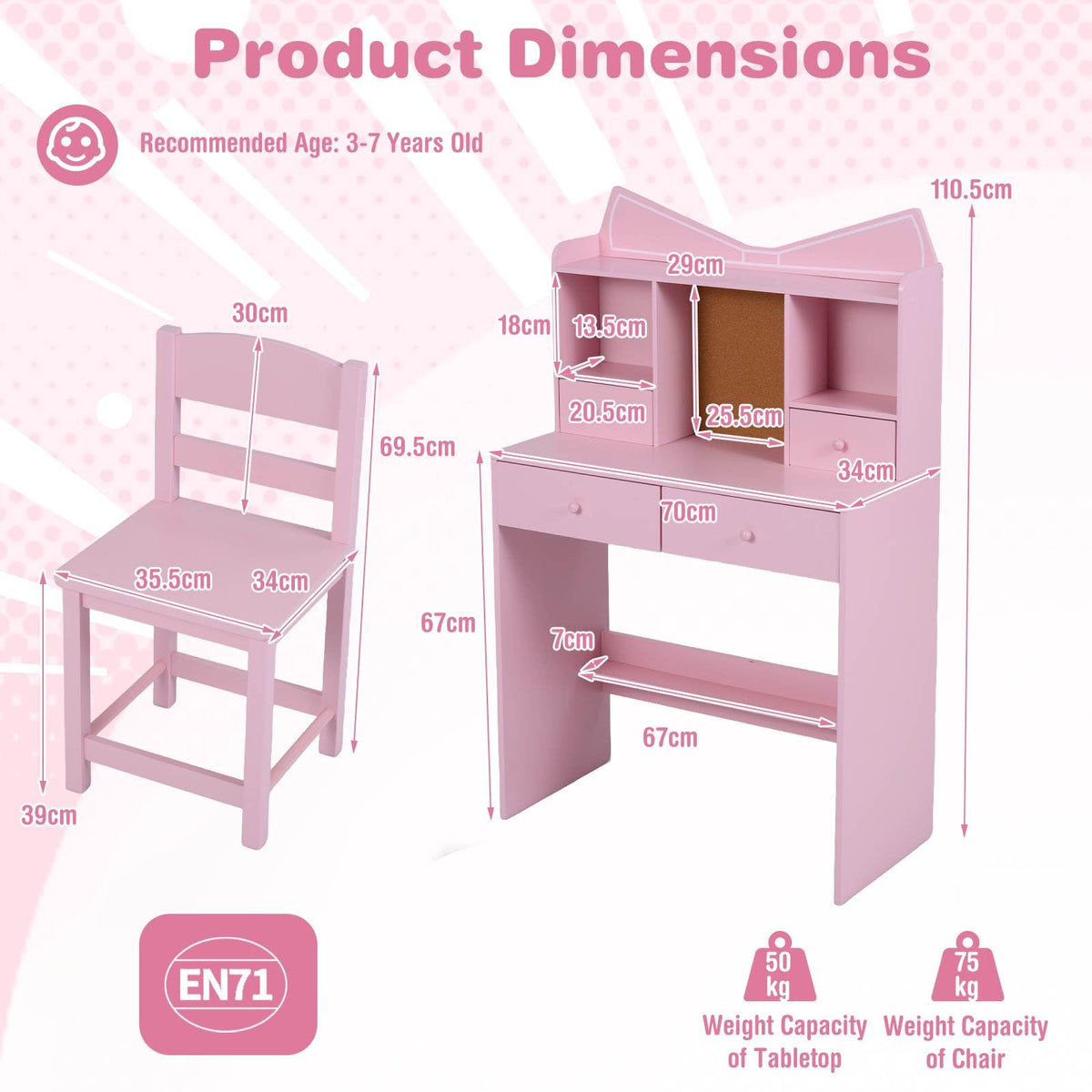 Kids Study Desk with Chair, Children Writing Table and Chair Set