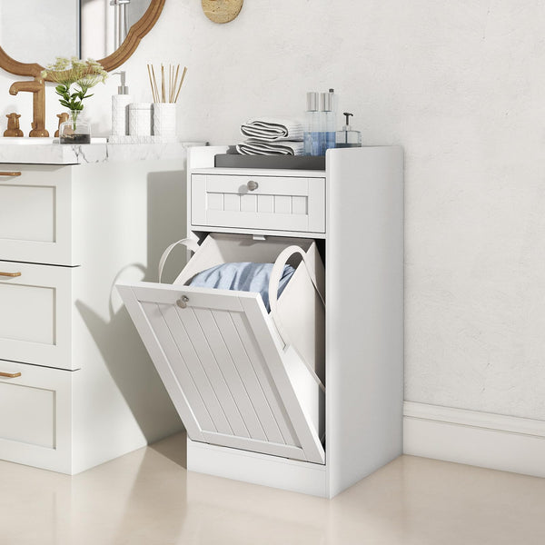 Tilt-Out Laundry Hamper Cabinet Freestanding Bathroom Storage Cabinet with 1/2 Shelf