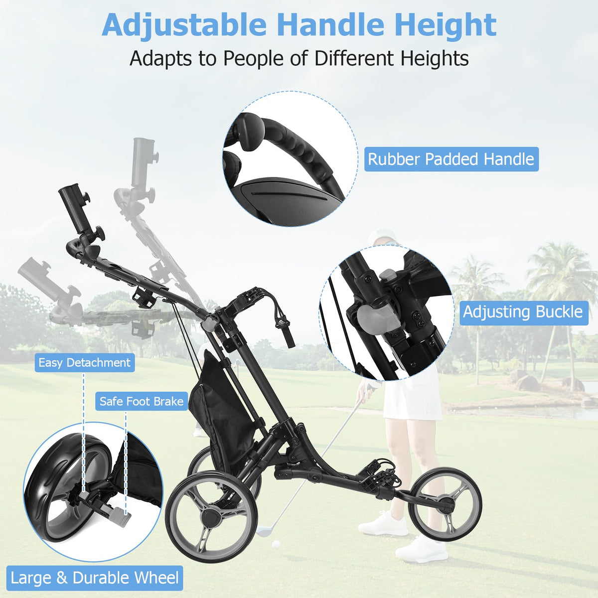 3 Wheel Golf Push Cart, Quick Folding Golf Cart