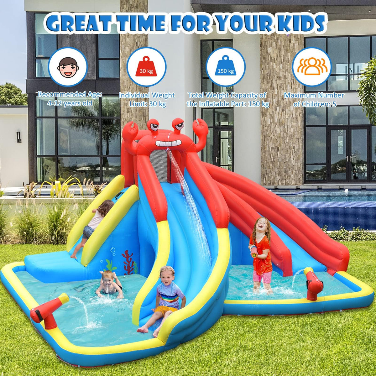 Inflatable Water Slide, 7 in 1 Giant Water Park Double Long Slide w/Splash Pool, Tunnel Adventure (with 750W Blower)