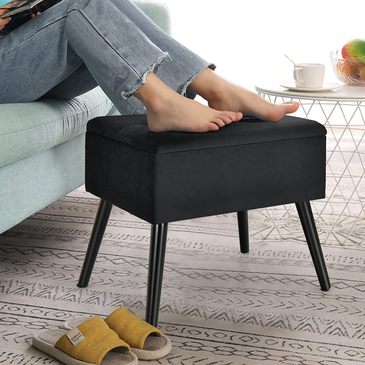 Giantex Velvet Storage Ottoman, Flip Top Stool w/Solid Wood Legs High Stability, Black