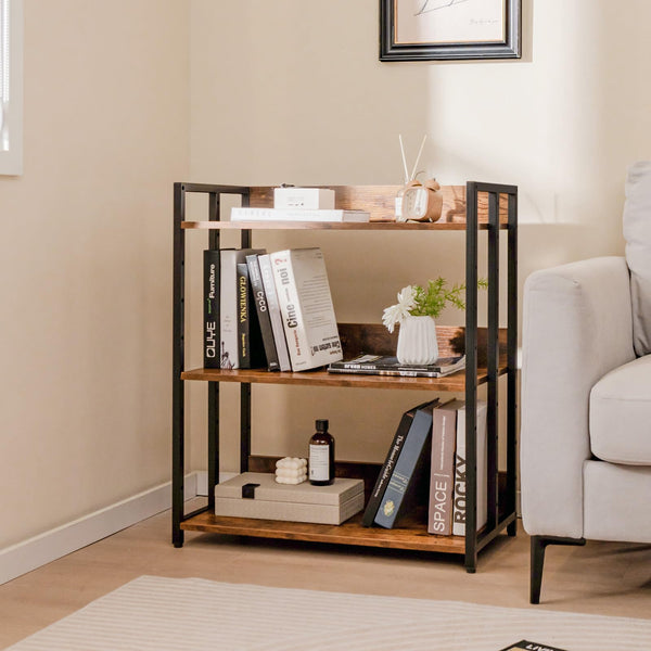 Giantex 3-Tier Bookshelf, Industrial Corner Storage Shelf with Adjustable Shelves & Metal Frame Anti-Toppling Device