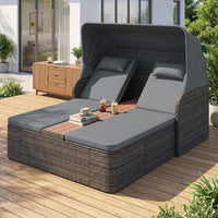 Rattan Double Daybed, Outdoor Chaise Lounge Loveseat w/Retractable Sunshade