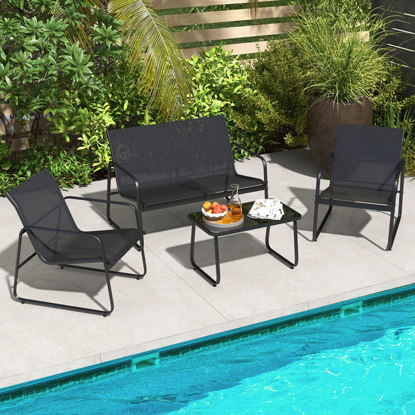Outdoor Conversation Set 4 Pieces Patio Furniture Set with Tempered Glass Coffee Table