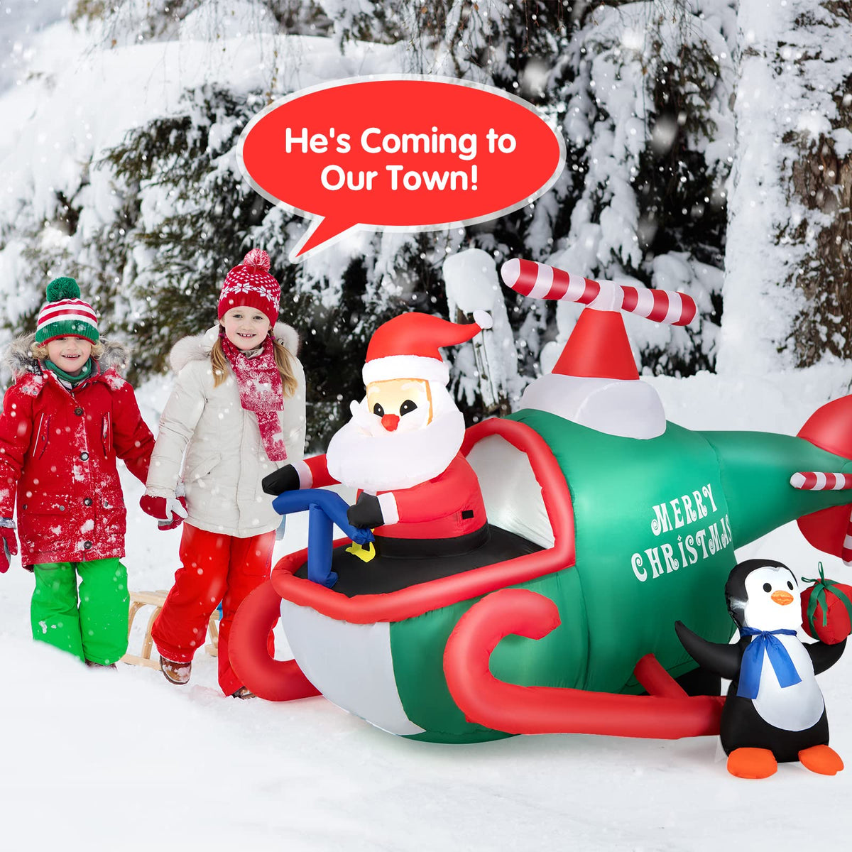 190CM Christmas Inflatable Santa Claus with Penguins on Helicopter