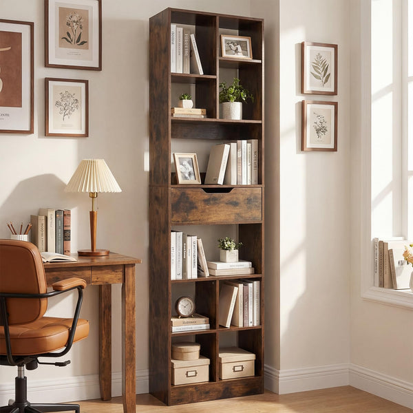 180cm Tall Freestanding Bookcase with Drawer and 2 Anti-Tip Kits for Home Office