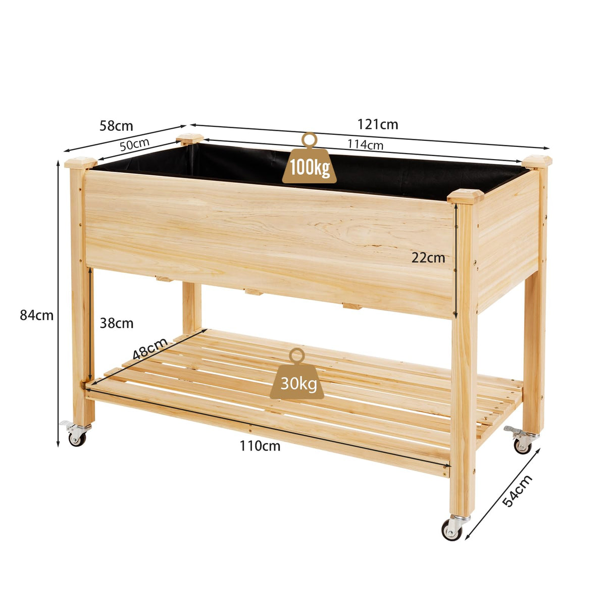 Elevated Wooden Planter Box with Lockable Wheels and Shelf