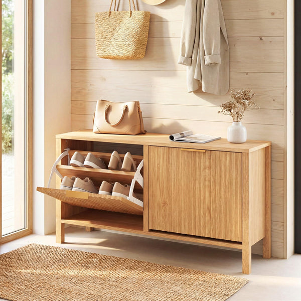 100CM Shoe Storage Bench, Narrow Wooden Entryway Bench with 2 Flip Drawers