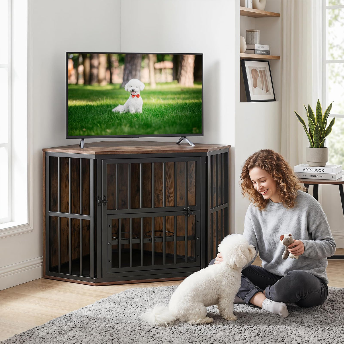 Corner Dog Crate 2-in-1 Kennel and TV Stand with Adjustable Dog Bowl Rack