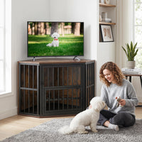 Corner Dog Crate 2-in-1 Kennel and TV Stand with Adjustable Dog Bowl Rack