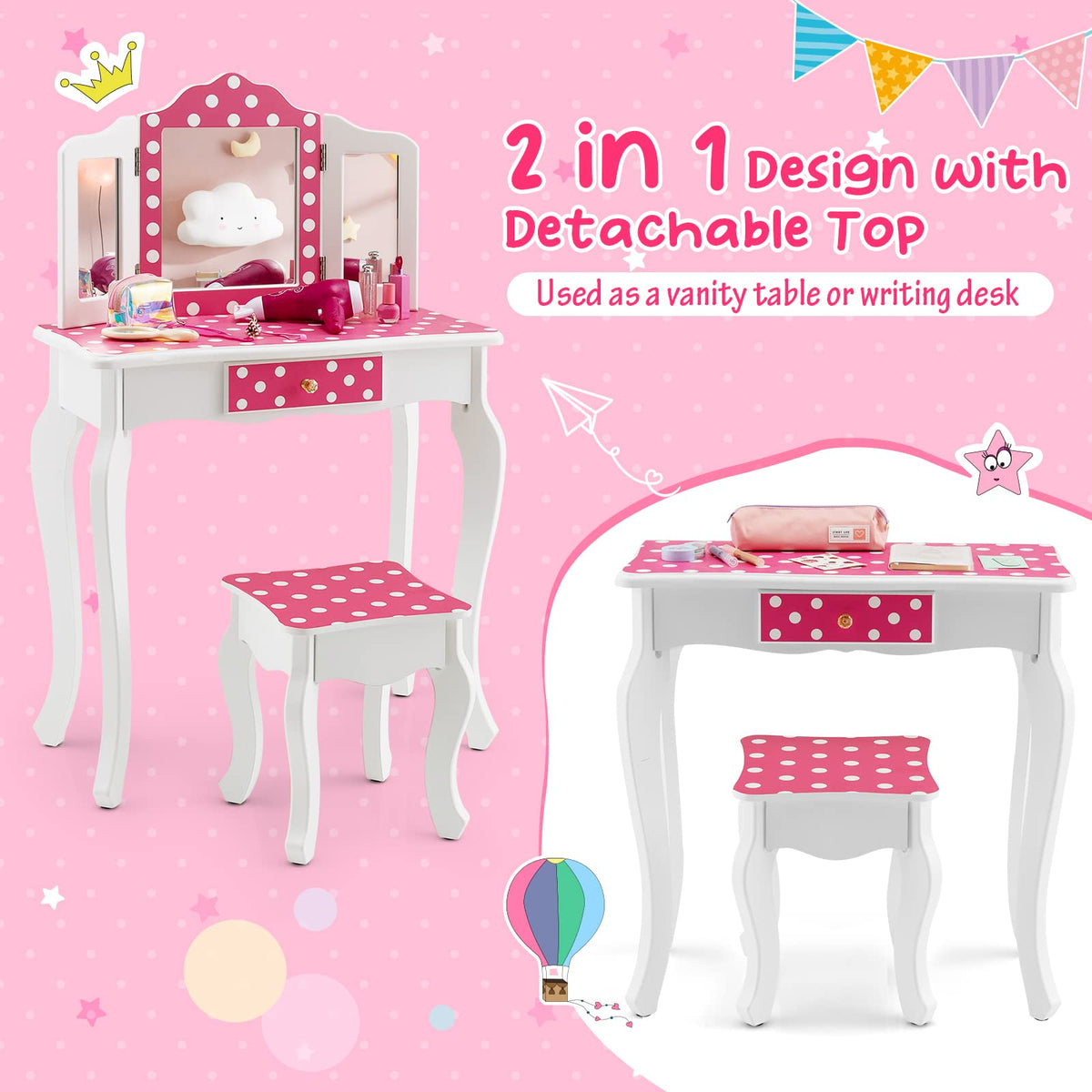 Kids Vanity Set with Tri-folding Mirror, Drawer and Stool
