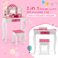 Kids Vanity Set with Tri-folding Mirror, Drawer and Stool