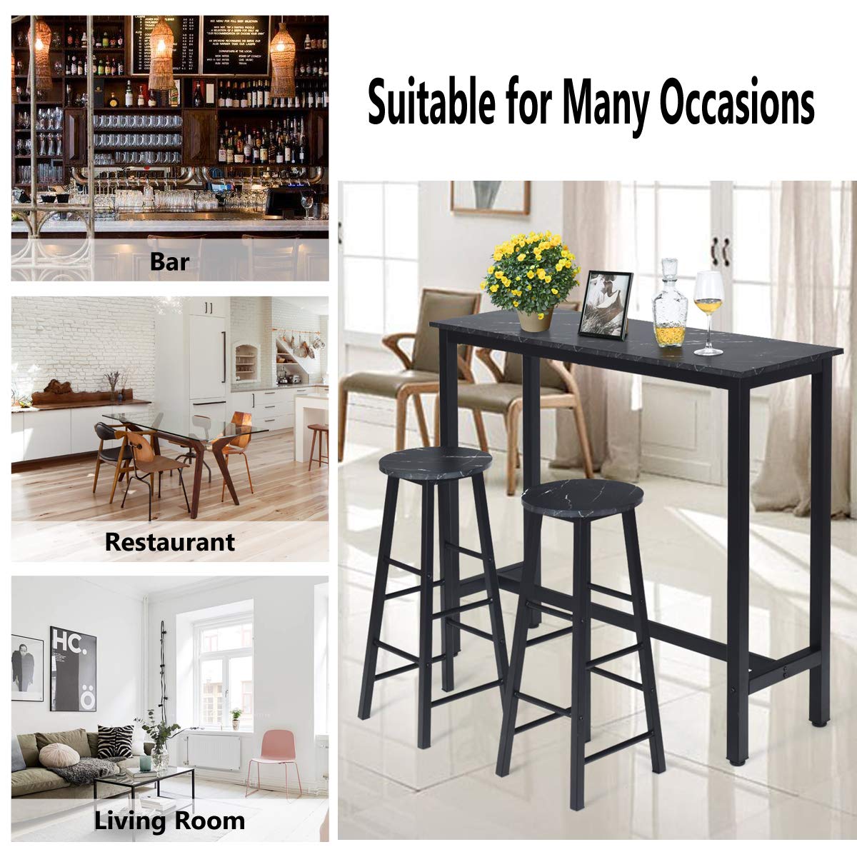 Dining Table Stools Set, 3PCS High Bar Table Set, w/Metal Frame & 2 Bar Stools