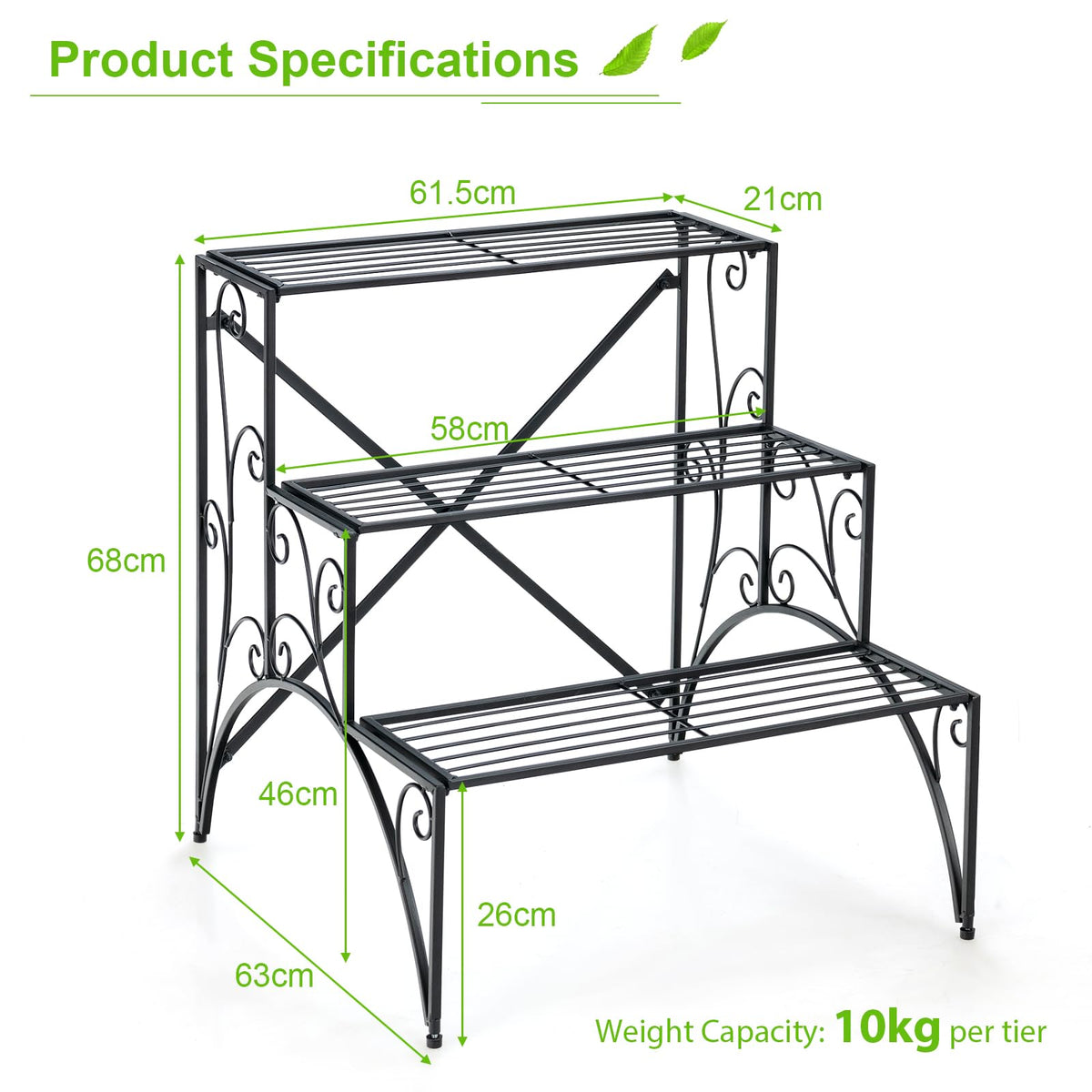 3-Tier Ladder Style Plant Rack with Widened Grid Shelf