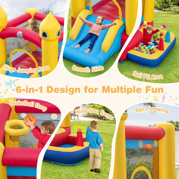 Kids Inflatable Bounce House, 6-in-1 Indoor Outdoor Children Jumping Castle w/Slide