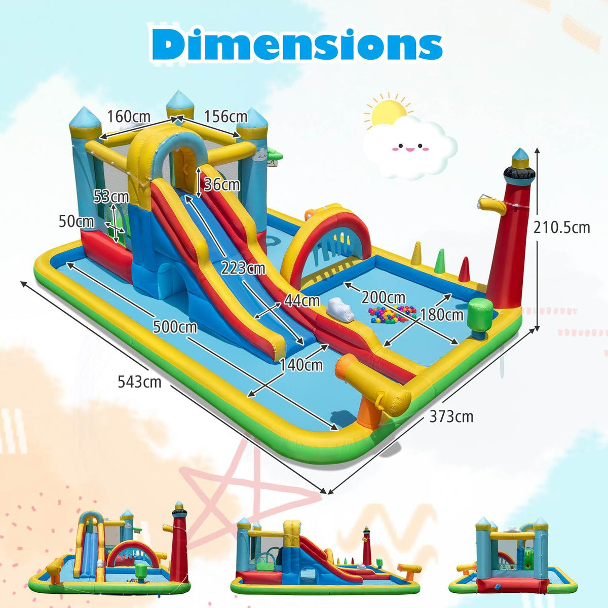 Inflatable Water Slide, Giant Water Park w/ Long Slide, Jumping Area, Climbing Wall, Splash Pools