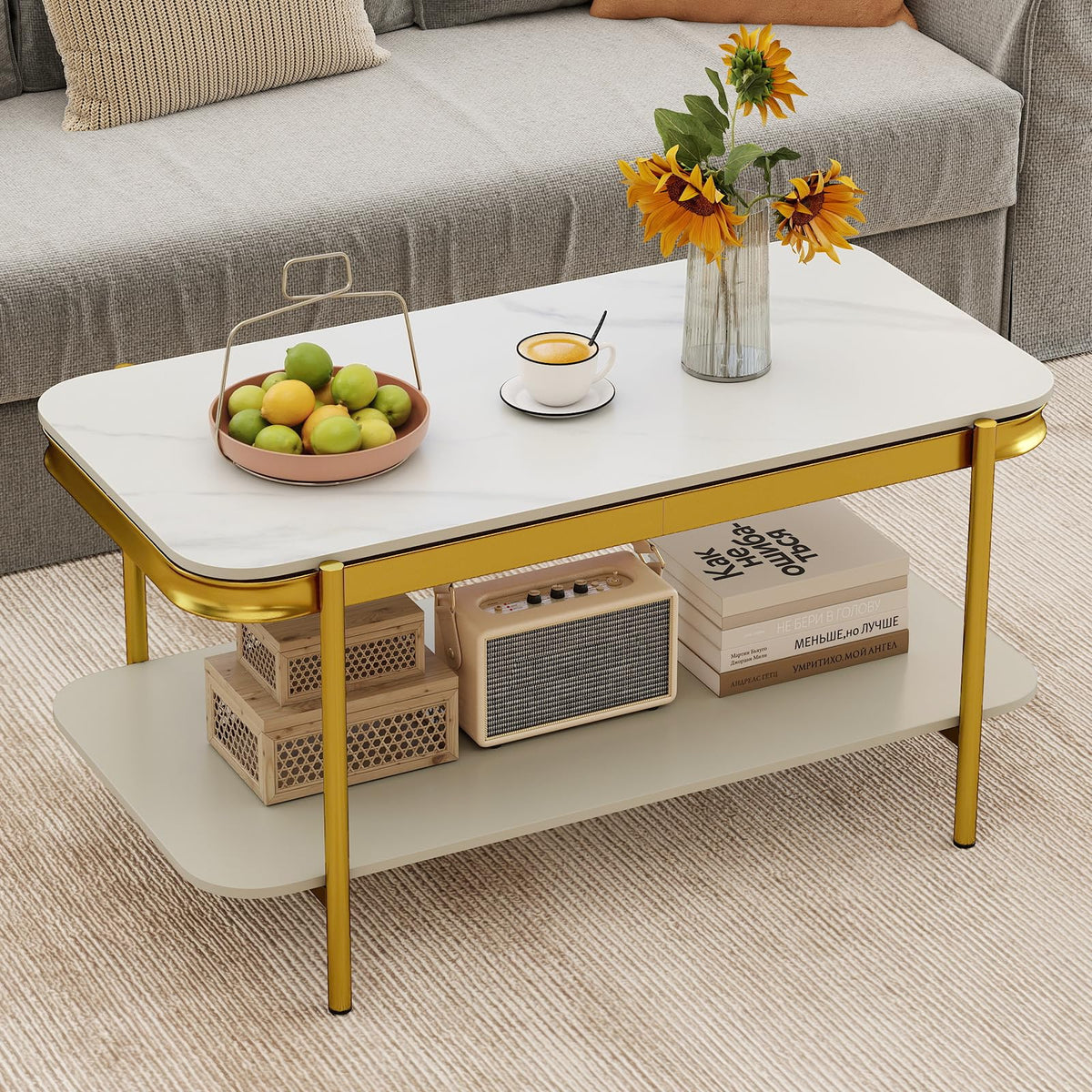 Modern Rectangular Coffee Table with Sintered Stone Top & Storage Shelf for Indoor
